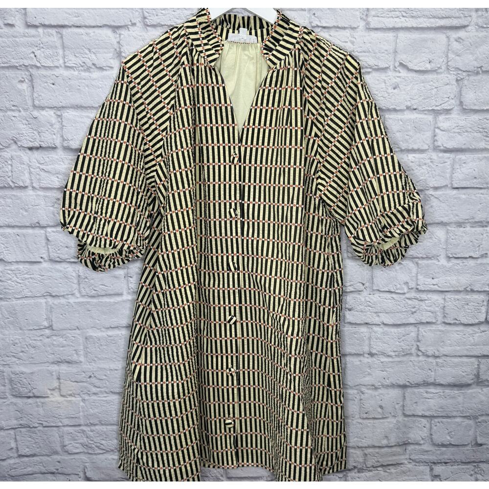THML Puff Sleeve Stripe Dress Size M Black Yellow Dot Mini Shirt Button Pockets - Picture 2 of 8